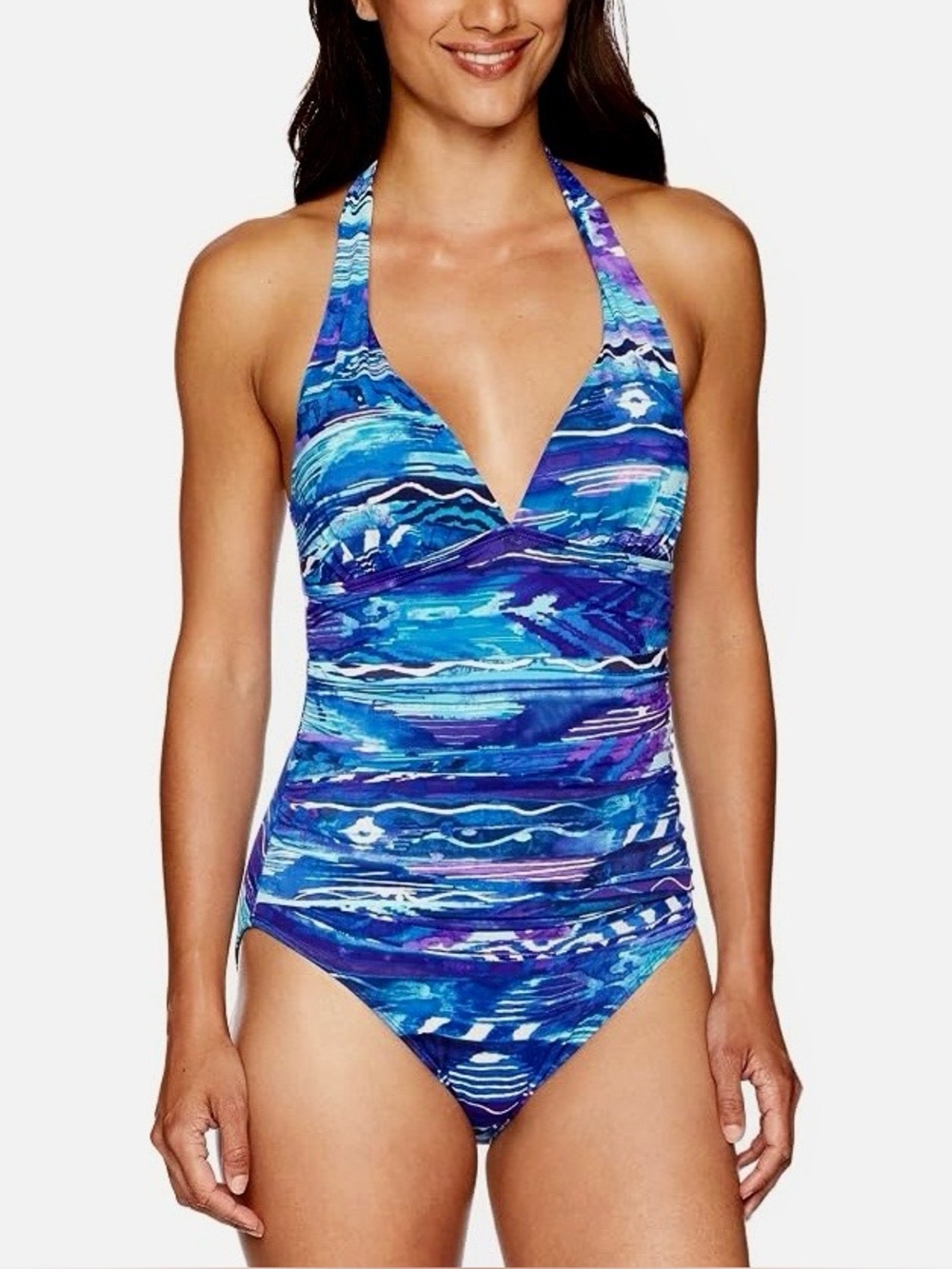 LRL Halter One-Piece Swimsuit in Blue Wave Print